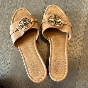 Tory Burch Tan Slides with Gold Hardware